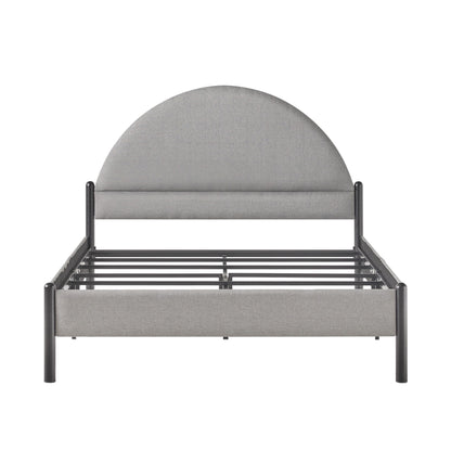 The Bed Modern Upholstered Curved Headboard features a rounded gray headboard and metal slats, displayed from the front on a white background.