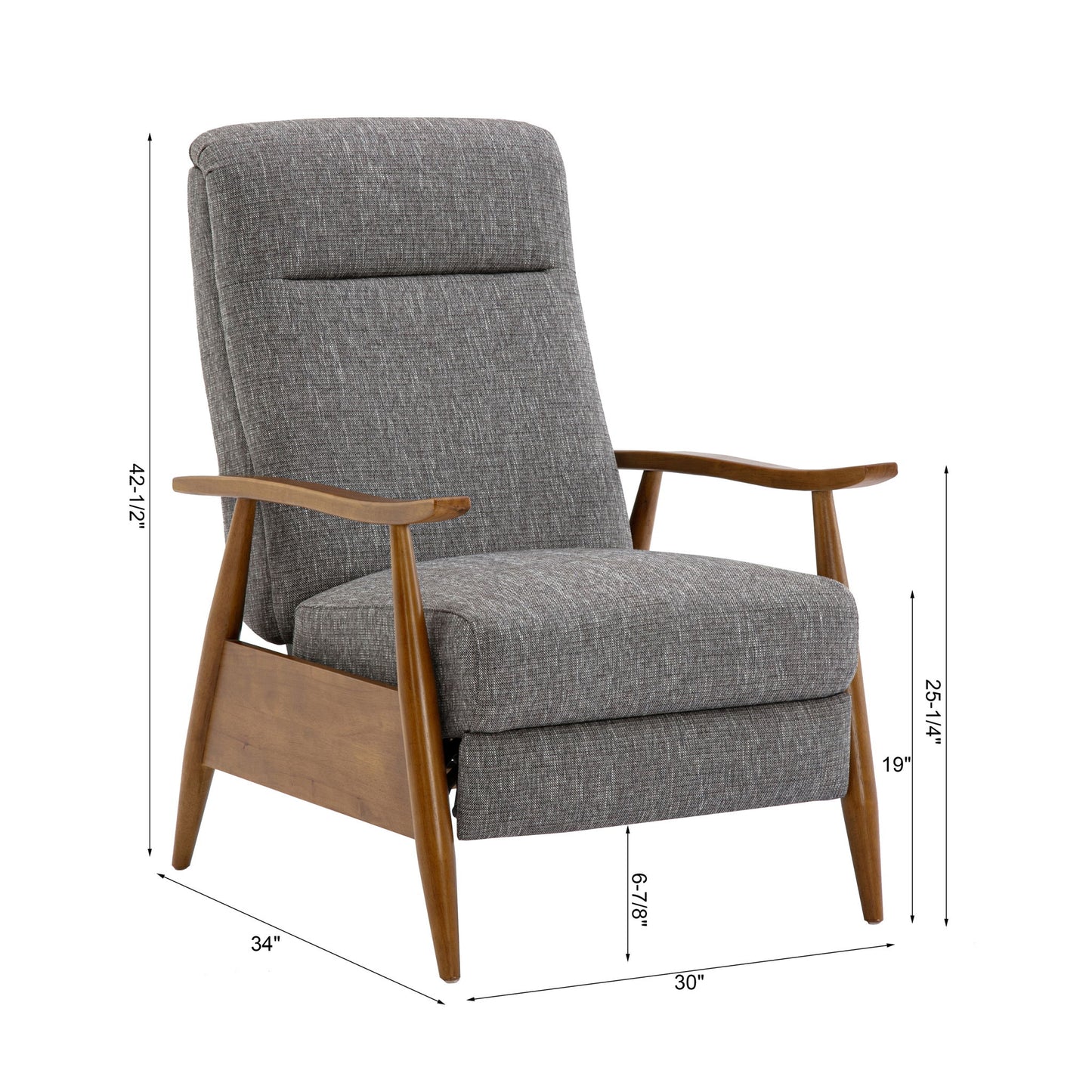 The Vaughn Push Back Recliner with solid hardwood legs is a modern gray upholstered chair with wooden arms, shown at an angle. Dimensions: 42.12"H x 34"D x 30"W, seat height 19", seat depth 21", seat back height 25.41".