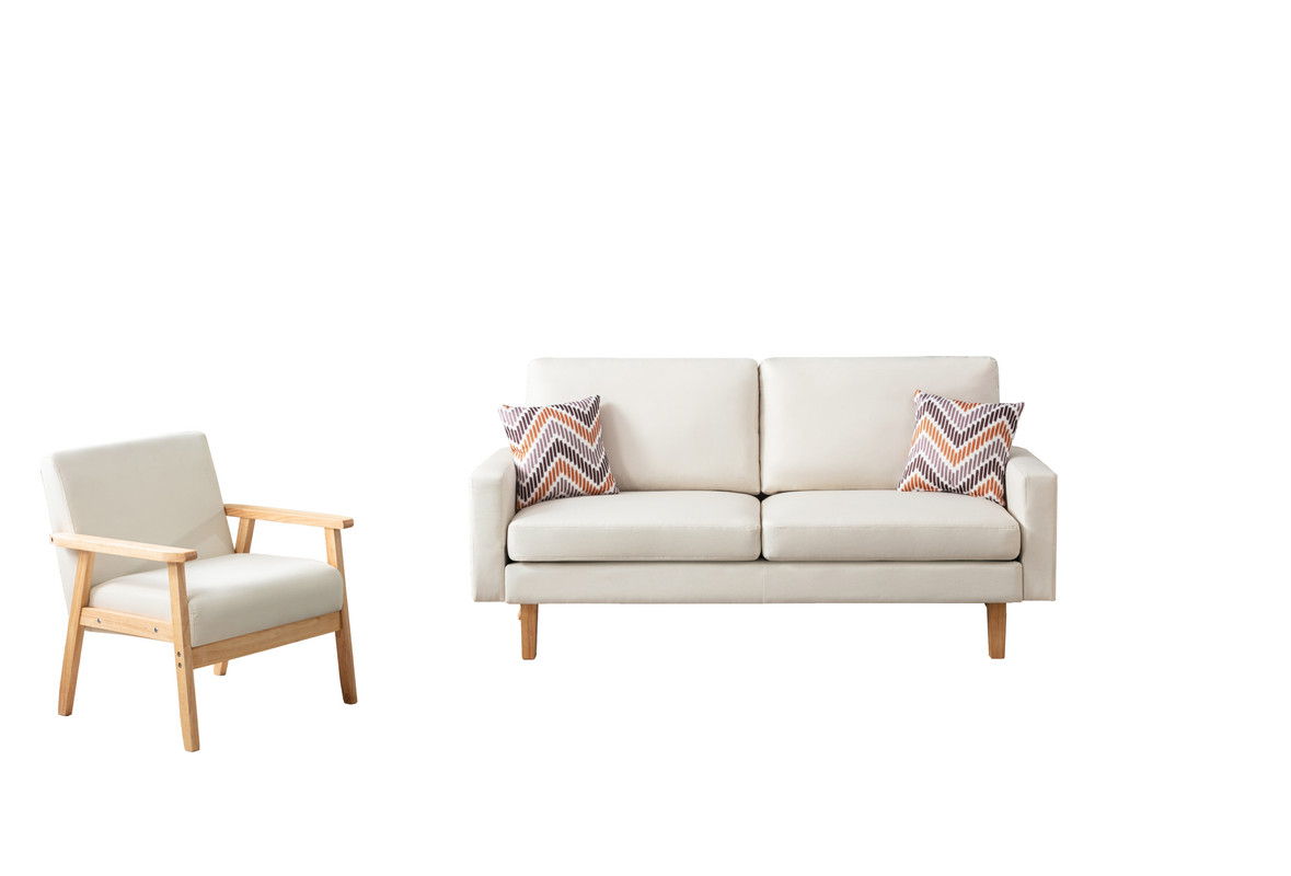 The Bahamas Sofa Set, shown on a white background, includes a minimalist beige two-seater sofa and wooden armchair, both featuring two patterned throw pillows.