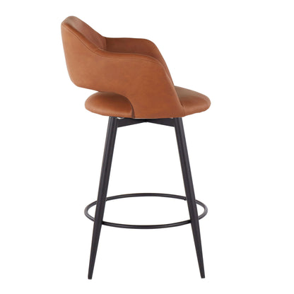The Margarite set includes two contemporary brown leather counter stools featuring a curved backrest, padded seat, black metal legs with a round footrest, and fixed height with swivel. The view shown is from a slight side angle.