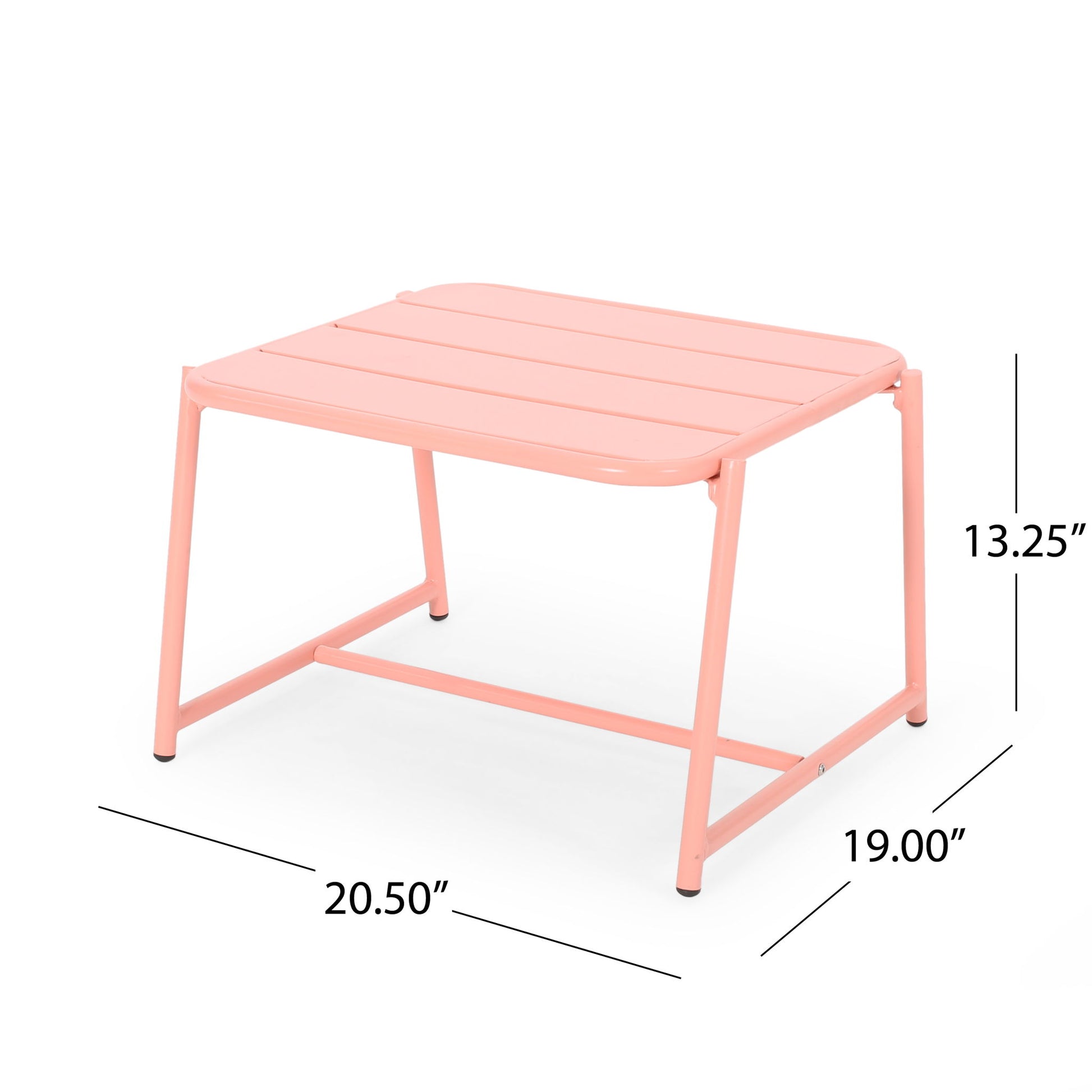 The Conrad - Side Table Outdoor is a small pink metal table with a slatted top, angled legs, and minimalist design, measuring 20.5" W x 19" D x 13.25" H.