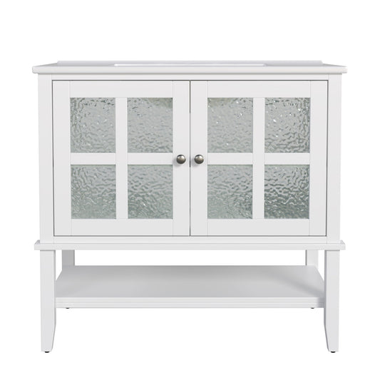 Bathroom Vanity With Ceramic Sink, Adjustable & Open Shelf