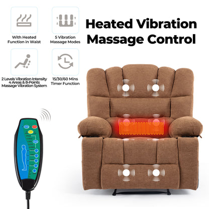 The Massage Recliner Chair Sofa With Heating Vibration is shown in brown, featuring illustrated icons for heated waist and 8-point vibration massage. A remote displays controls for intensity, areas, modes, and timer. Text details its key features.