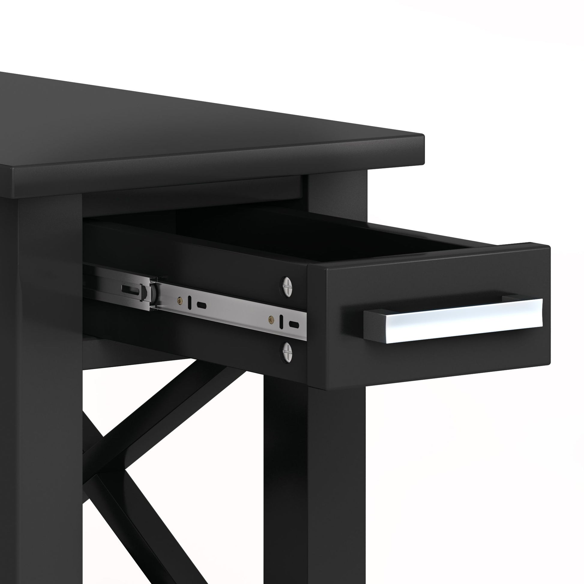 The Kitchener - Handcrafted Table features a sleek black finish, a modern rectangular silver handle, a single drawer with visible metal slides, and distinctive cross-bracing on the sides.