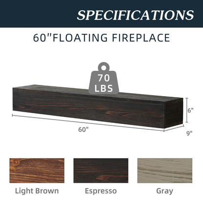 Diagram of the Rustic Wood Fireplace Mantel, a 60" floating shelf in dark wood, labeled 60” W x 9” D x 6” H, supports up to 70 lbs. Color options shown: Light Brown, Espresso, and Gray. Wall-mounted for stylish home decor.