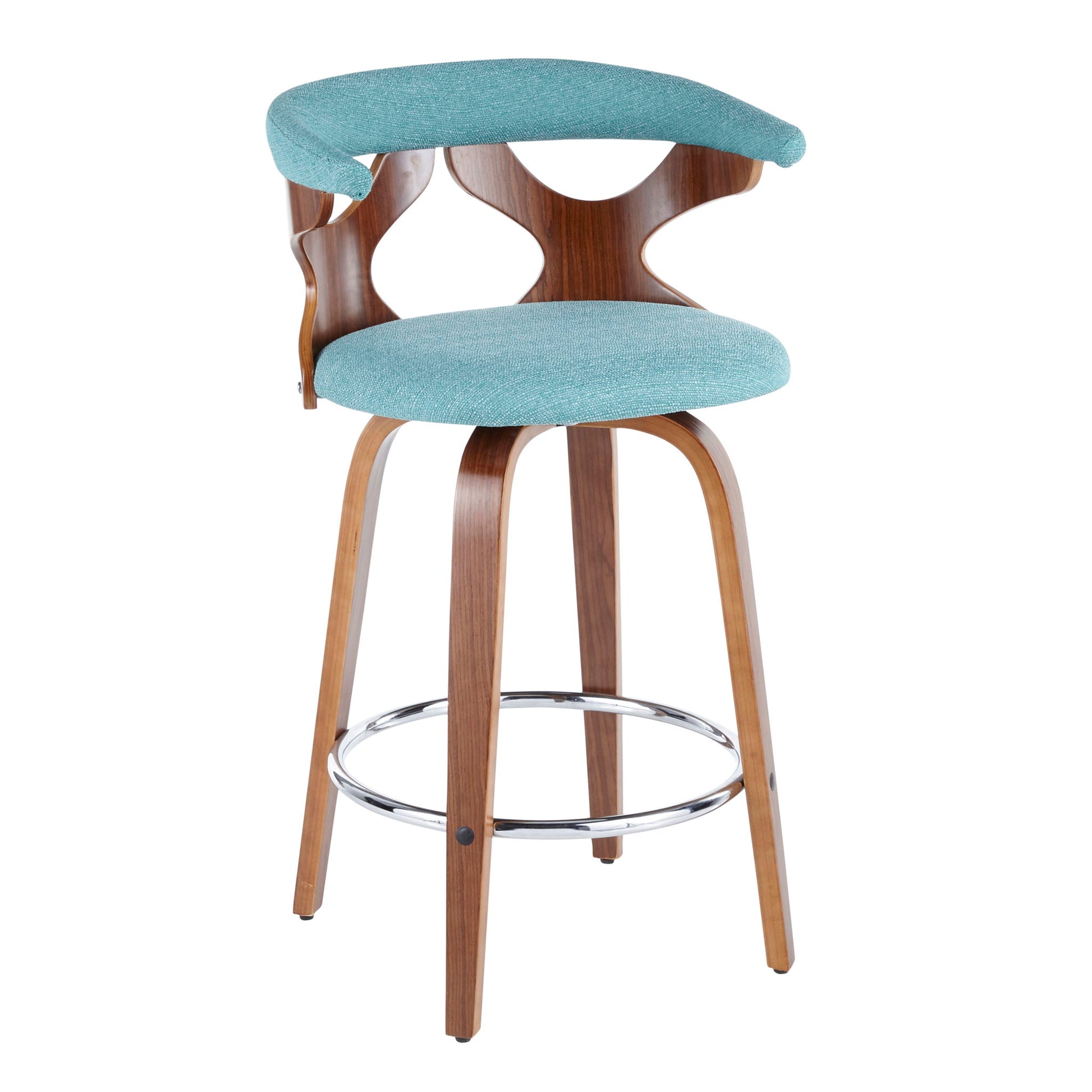 The Gardenia - Mid Century Modern Counter Stool (Set of 2) features a curved wooden backrest, open design, teal upholstered seat and back, wooden legs, and a circular chrome footrest.