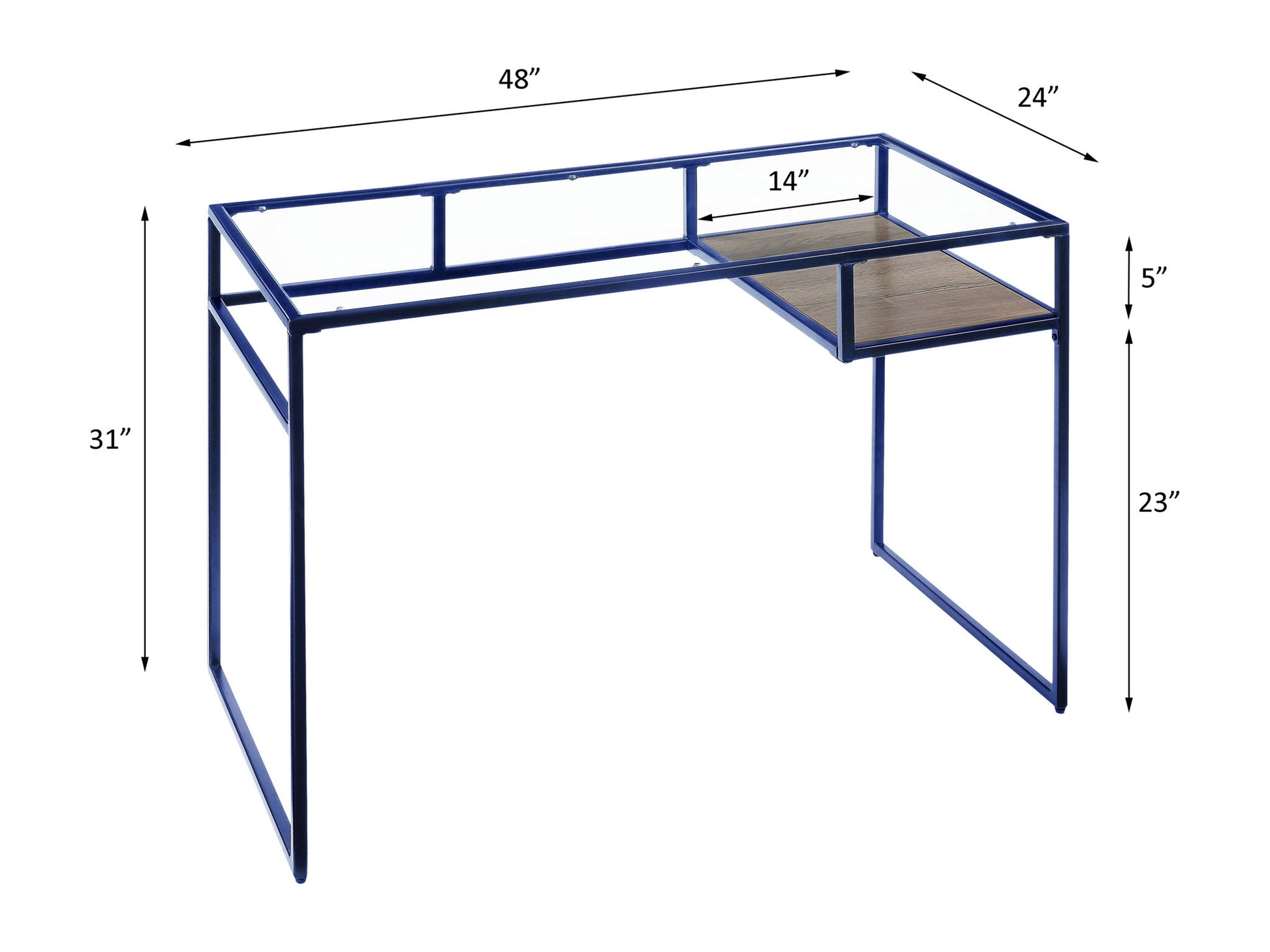 The Yasin - Glass Top Writing Desk features a blue metal frame and a small wooden shelf on the right, measuring 48"W x 24"D x 31"H. The shelf is 14"W x 5"H and positioned 23" above the ground.