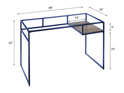 The Yasin - Glass Top Writing Desk features a blue metal frame and a small wooden shelf on the right, measuring 48"W x 24"D x 31"H. The shelf is 14"W x 5"H and positioned 23" above the ground.