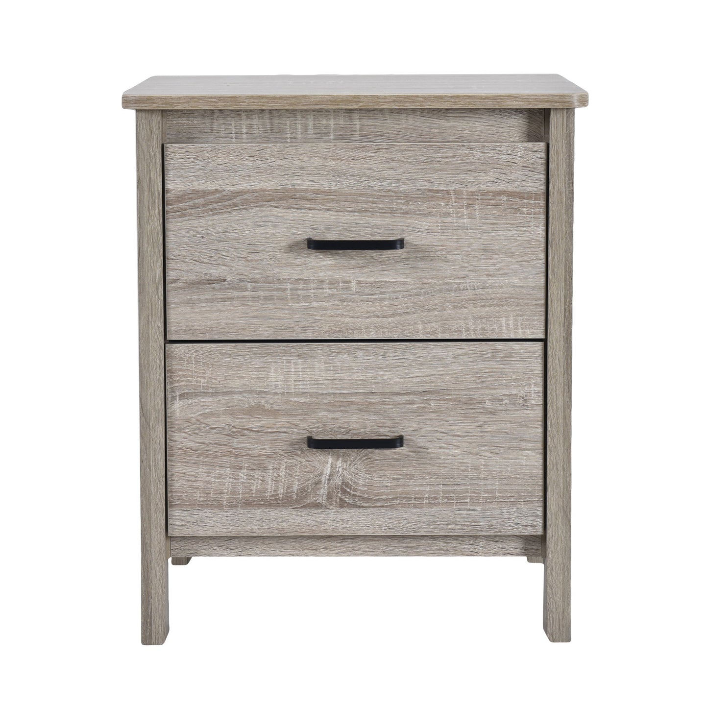 Wood Nightstand With 2 Drawers And Metal Handle - Oak