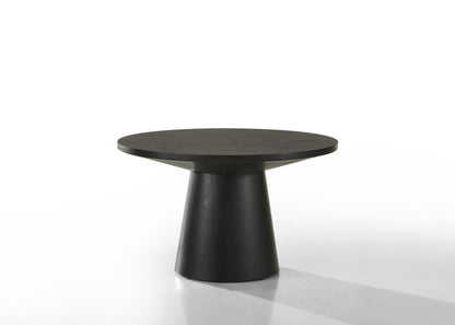 The Jasper 3 Piece Coffee, End, and Console Table Set in Ebony Black features a modern round design with thick tops and wide, tapered cylindrical bases, shown against a plain white background.