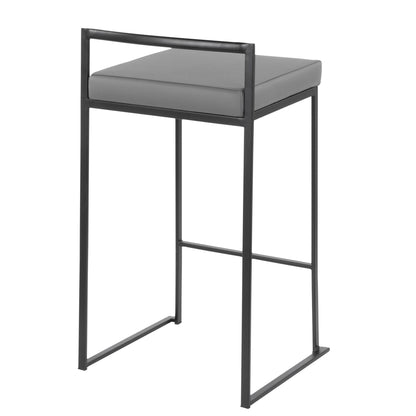The Fuji - Contemporary Style Stackable Counter Stool features a black metal frame, rectangular gray cushioned seat, open backrest, minimalist straight-line design, and no armrests.