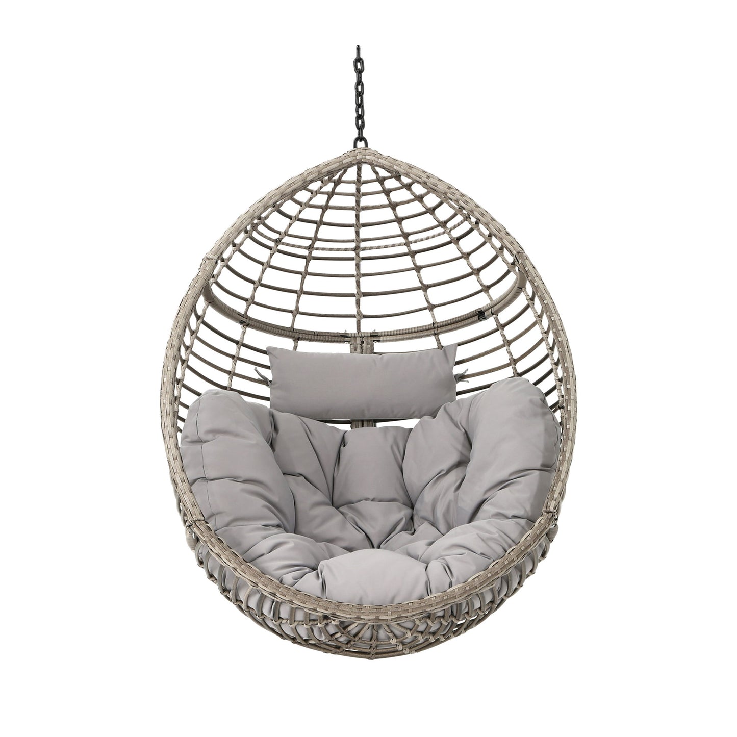 The Hanging Basket Chair With Metal Frame And Seat Cushion features an egg-shaped wicker design, grey seat cushion, headrest, and a sturdy chain suspension, all displayed against a white background.