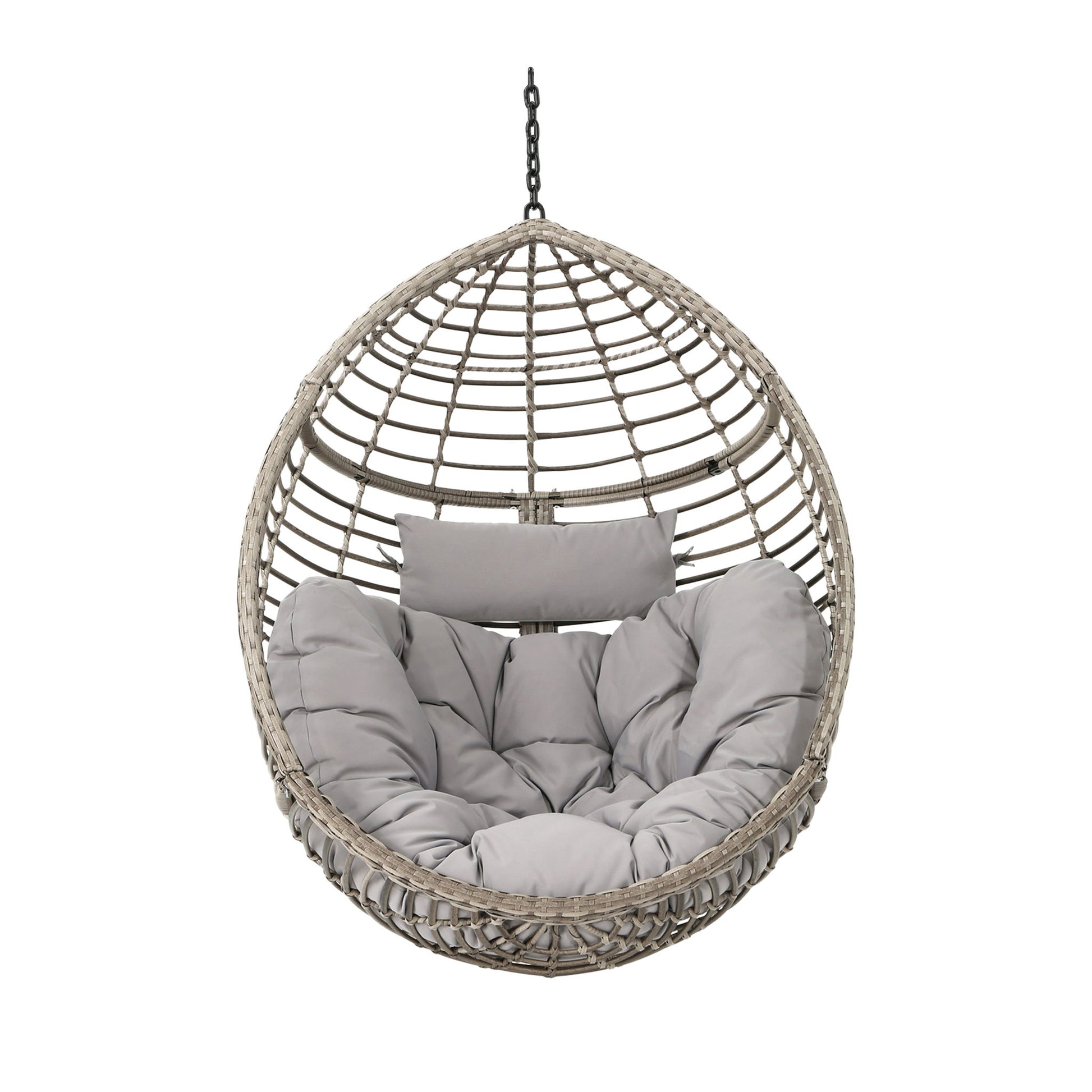 The Hanging Basket Chair With Metal Frame And Seat Cushion features an egg-shaped wicker design, grey seat cushion, headrest, and a sturdy chain suspension, all displayed against a white background.