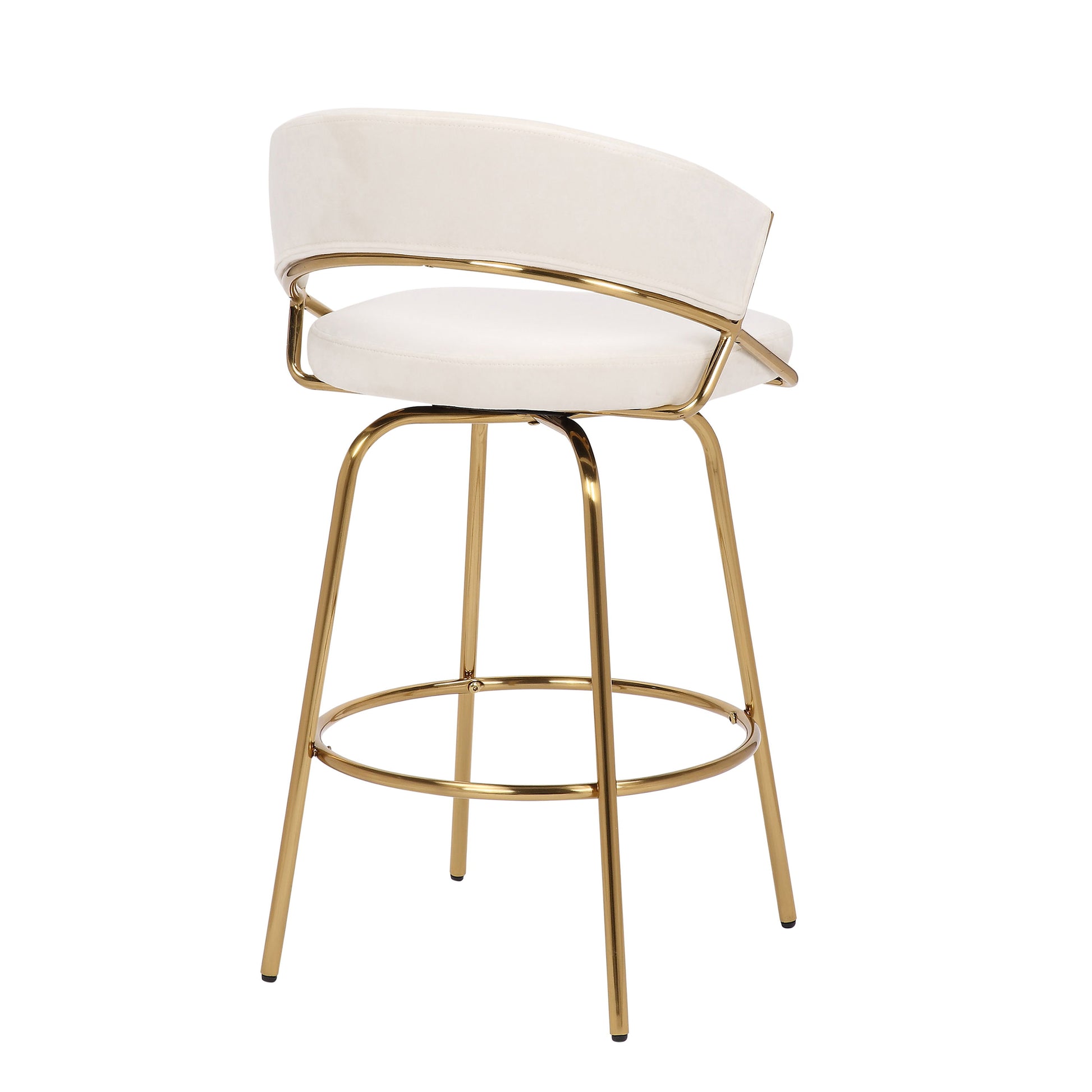 The Jie - Glam Fixed Height Counter Stool (Set of 2) features a modern design with white cushioned seats and backrests, a curved gold metal frame and legs, plus a circular footrest for added comfort.