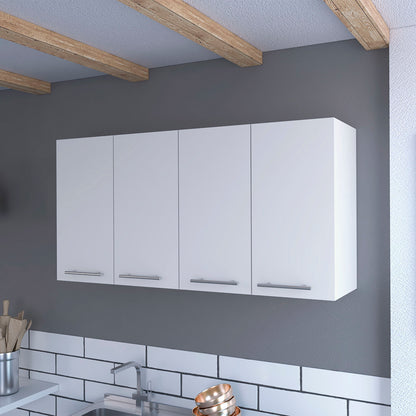 The Kitchen Cabinet Durham Four Doors - White is mounted on a gray wall with a white subway tile backsplash and exposed wooden beams. Below the cabinet, a sink and utensils are visible. The cabinet features silver handles.