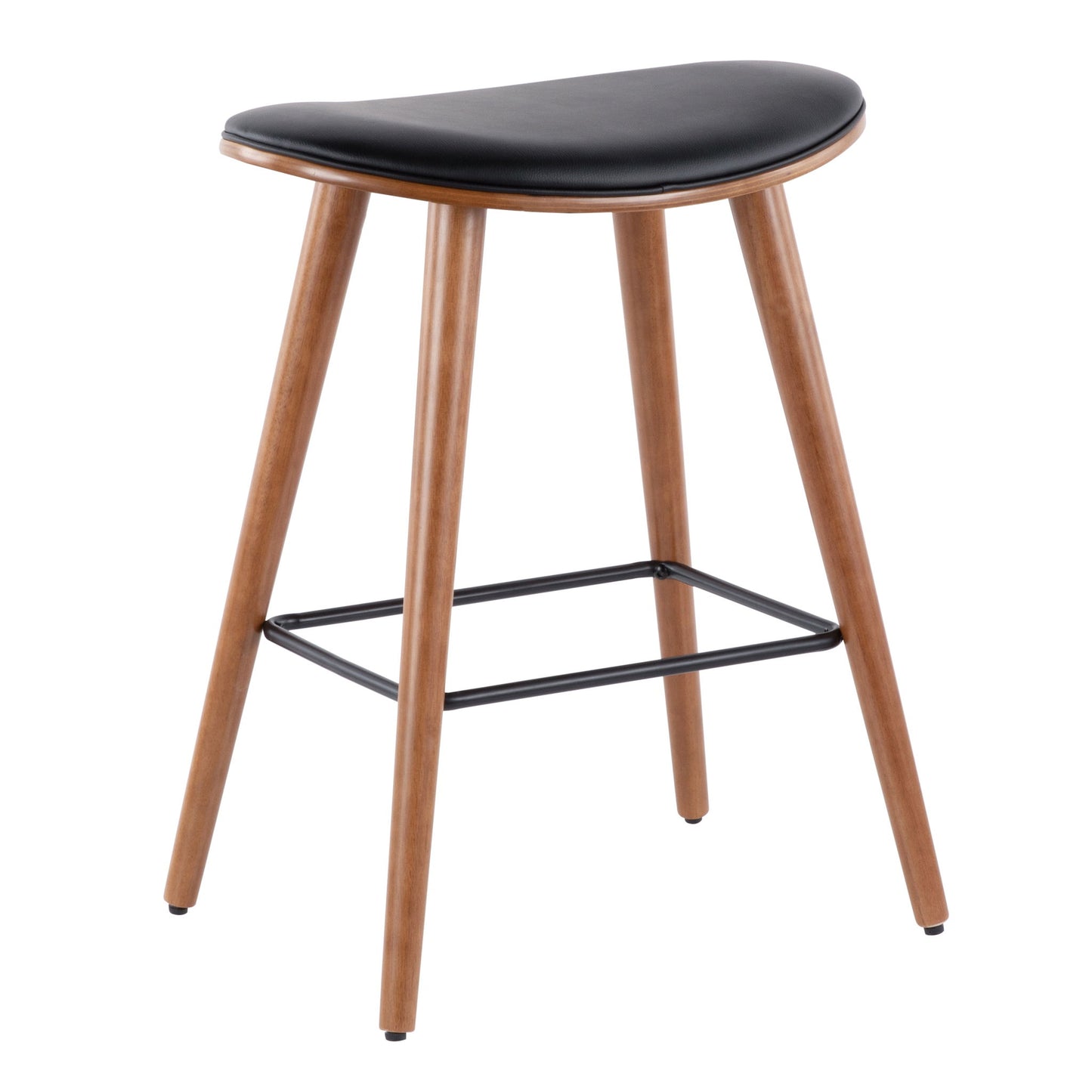 The Saddle - Contemporary Counter Stool (Set of 2) features four wooden legs, a rectangular black metal footrest, and a curved black padded seat.