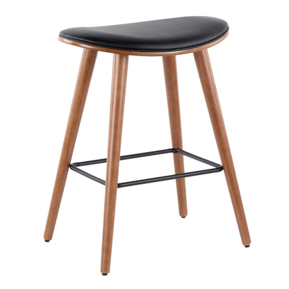 The Saddle - Contemporary Counter Stool (Set of 2) features four wooden legs, a rectangular black metal footrest, and a curved black padded seat.