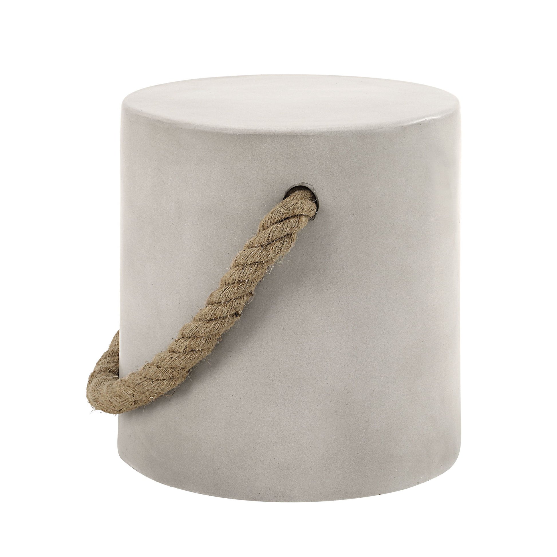 The Gene - Fiber Concrete Accent Table in gray is a cylindrical stool with a thick tan rope handle threaded through holes on opposite sides, shown against a plain white background.