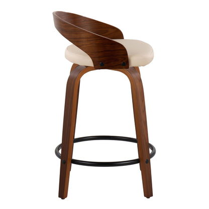 The Grotto Mid-Century Modern Counter Stool set features a curved wooden backrest, beige cushioned seat, angled wood legs, a round black metal footrest, and swivel functionality. Set of 2 fixed-height stools.