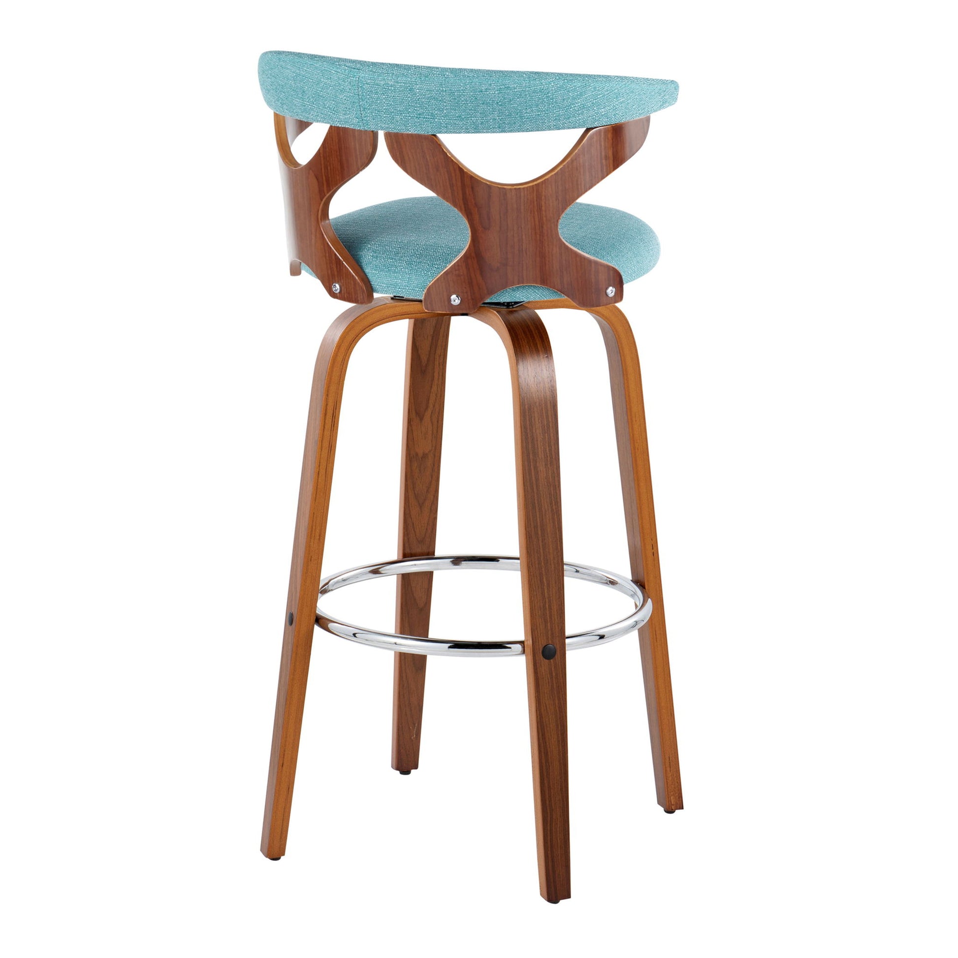 The Gardenia Mid Century Modern Fixed Height Barstool (Set of 2) features a wooden frame, curved backrest with cutout design, light blue upholstered seat and backrest, plus a round chrome footrest and swivel function.