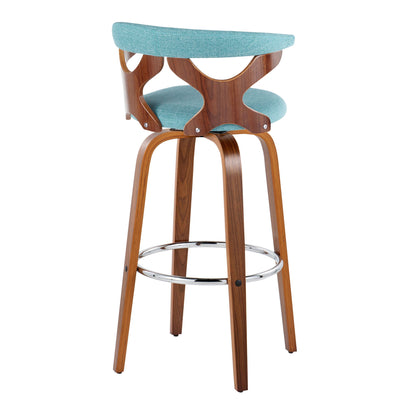 The Gardenia Mid Century Modern Fixed Height Barstool (Set of 2) features a wooden frame, curved backrest with cutout design, light blue upholstered seat and backrest, plus a round chrome footrest and swivel function.