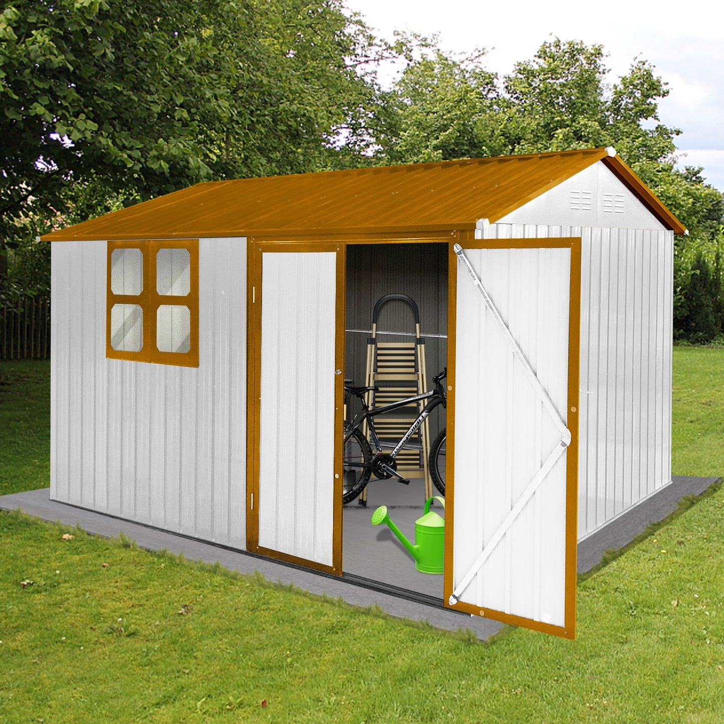 A 10' x 8' Garden Shed with window, featuring a white exterior with brown roof and trim, stands on a lawn. Its open door reveals a bicycle, small wooden shelf, and green watering can inside, surrounded by trees and grass.