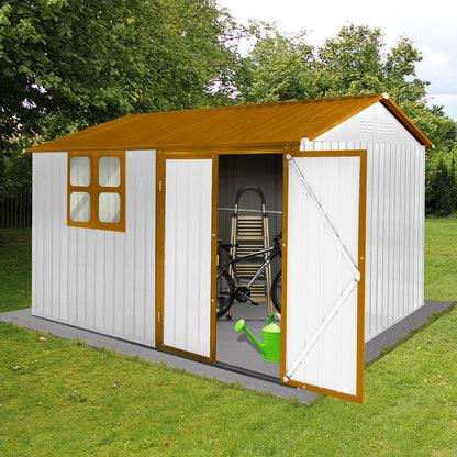 A 10' x 8' Garden Shed with window, featuring a white exterior with brown roof and trim, stands on a lawn. Its open door reveals a bicycle, small wooden shelf, and green watering can inside, surrounded by trees and grass.