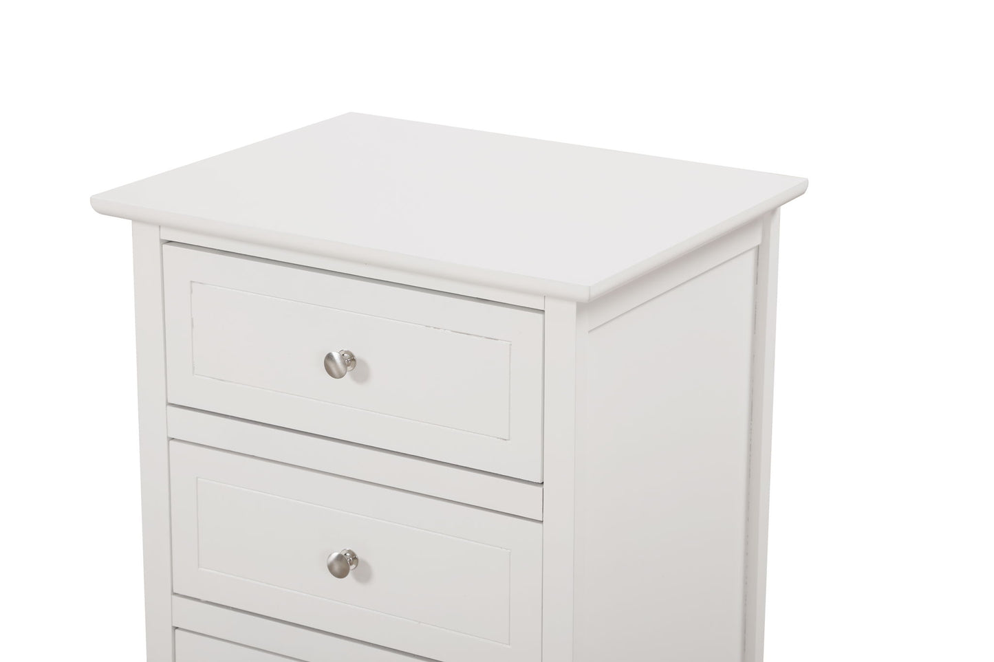 The Daniel - 3 Drawer Nightstand is a white wooden chest with silver knob handles, pictured at an angle highlighting its top and upper drawers against a plain white background.