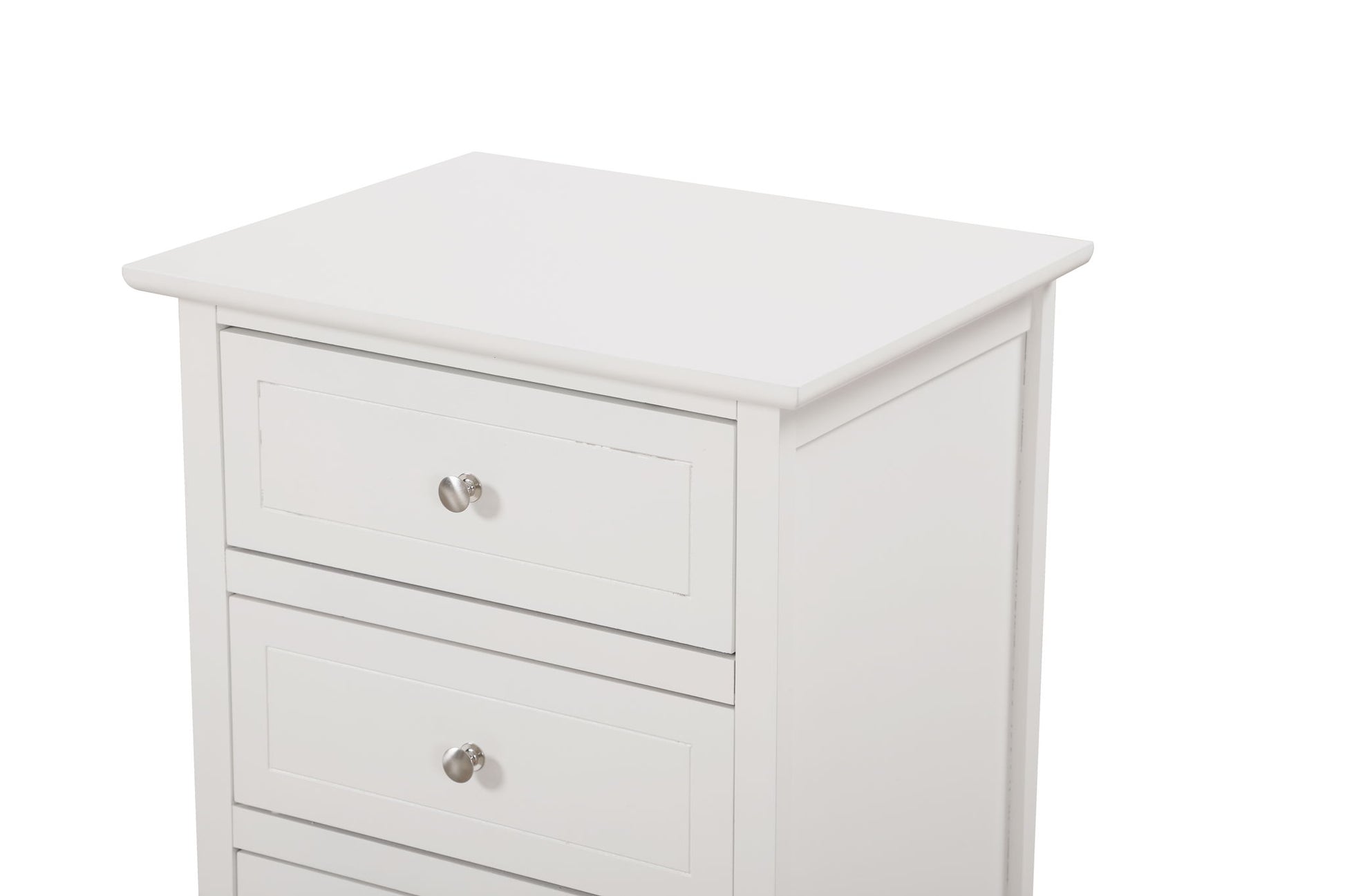 The Daniel - 3 Drawer Nightstand is a white wooden chest with silver knob handles, pictured at an angle highlighting its top and upper drawers against a plain white background.