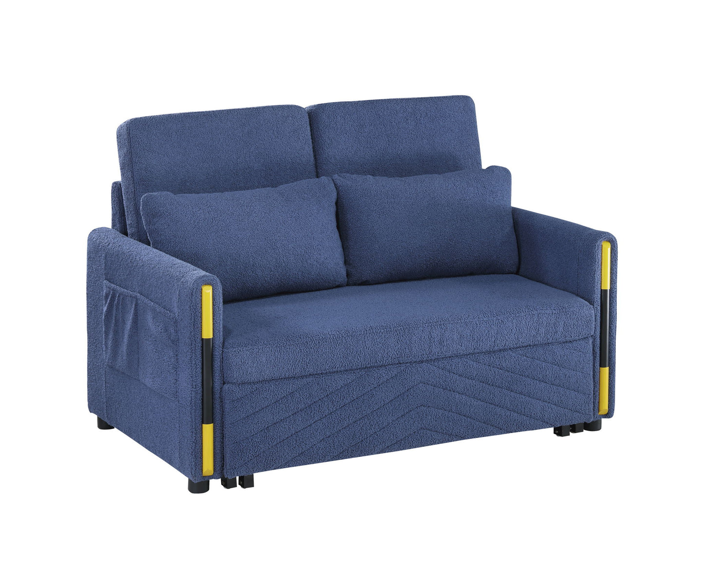 The Percy Teddy Velvet Sleeper Loveseat features modern blue textured fabric, two matching cushions, yellow-accented armrests with storage pockets, and a chevron-patterned base. Dual-pull design easily converts it into a sleeper.