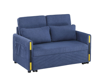 The Percy Teddy Velvet Sleeper Loveseat features modern blue textured fabric, two matching cushions, yellow-accented armrests with storage pockets, and a chevron-patterned base. Dual-pull design easily converts it into a sleeper.