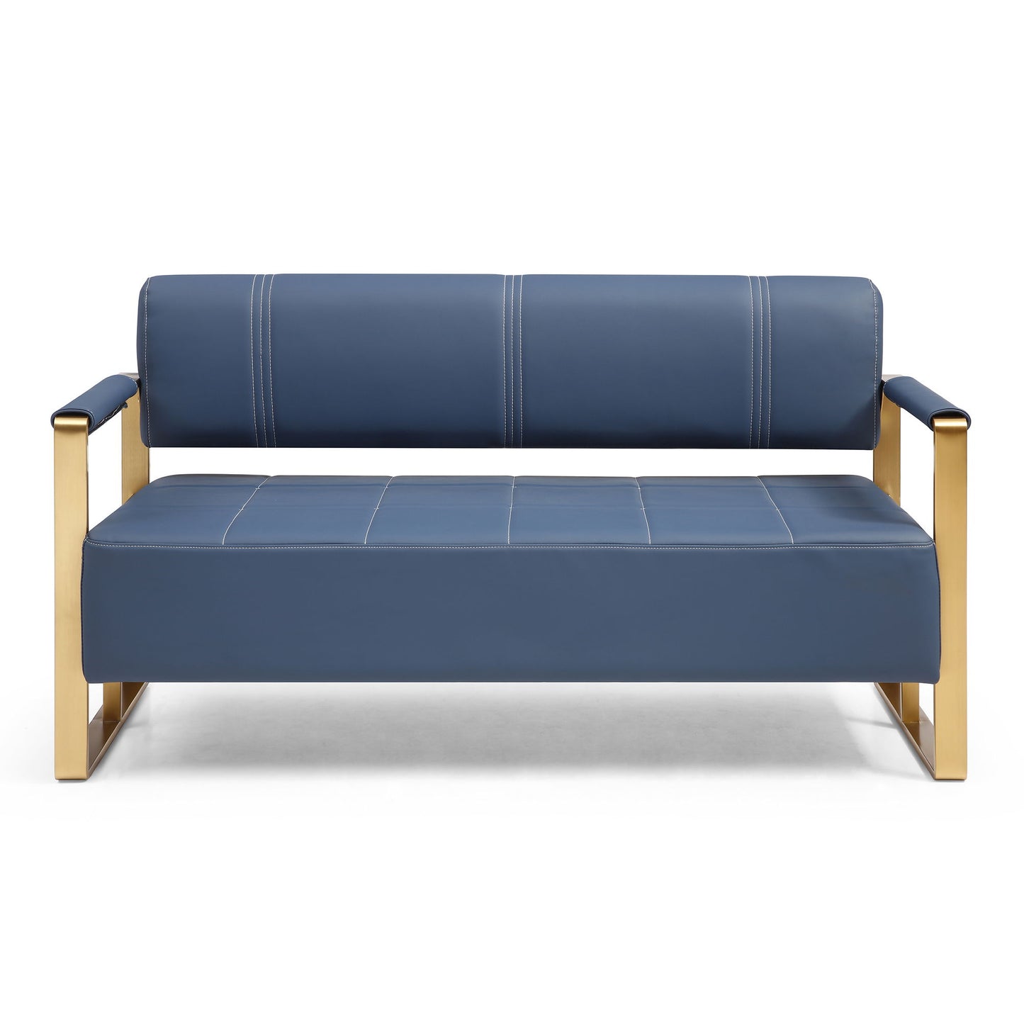 The Modern Upholstery Accent Loveseat Sofa for Living Room 2 Seater features blue upholstery, golden metal arms and legs, clean lines, and white stitching accents, shown against a white background.