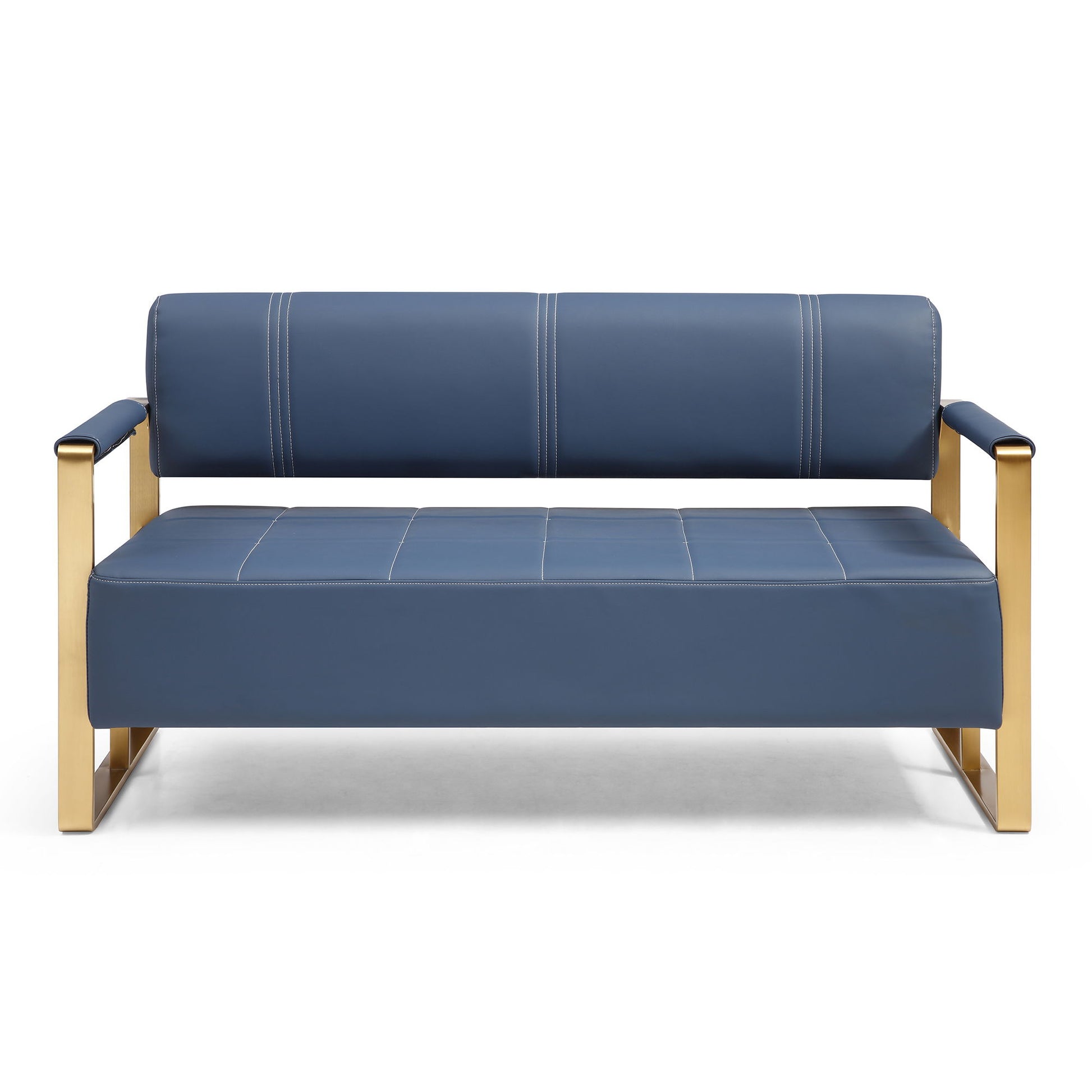 The Modern Upholstery Accent Loveseat Sofa for Living Room 2 Seater features blue upholstery, golden metal arms and legs, clean lines, and white stitching accents, shown against a white background.