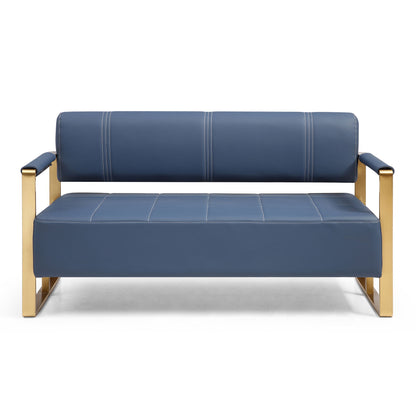 The Modern Upholstery Accent Loveseat Sofa for Living Room 2 Seater features blue upholstery, golden metal arms and legs, clean lines, and white stitching accents, shown against a white background.