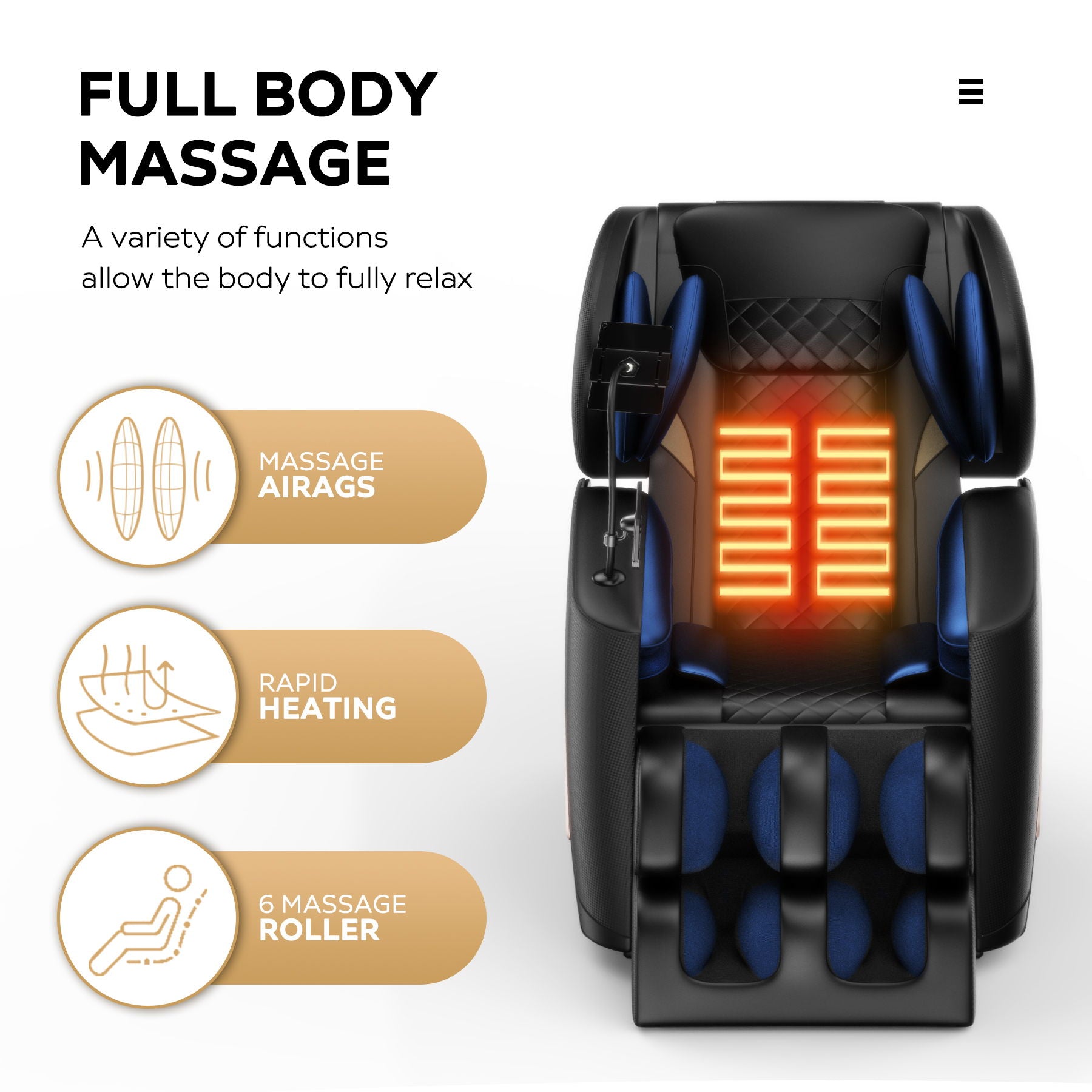 A black Massage Chair Recliner with blue accents and highlighted orange heating zones features massage airbags, rapid heating, and 6 massage rollers. Icons appear on the left. Text displays: “Full Body Massage.”.