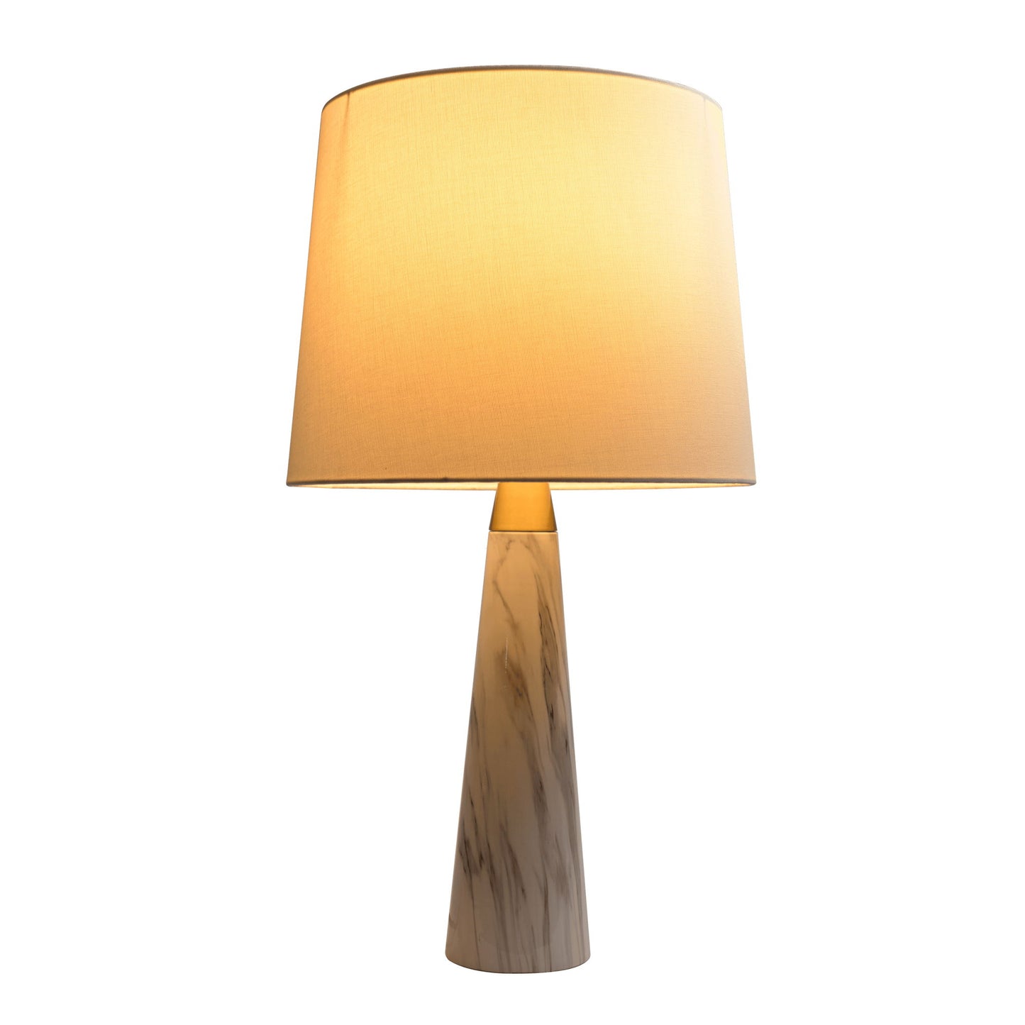 The Enclave Hydro Table Lamp features a gold finish, white cylindrical shade, and faux white marble conical base. The lamp is switched on and emits a warm, inviting glow.