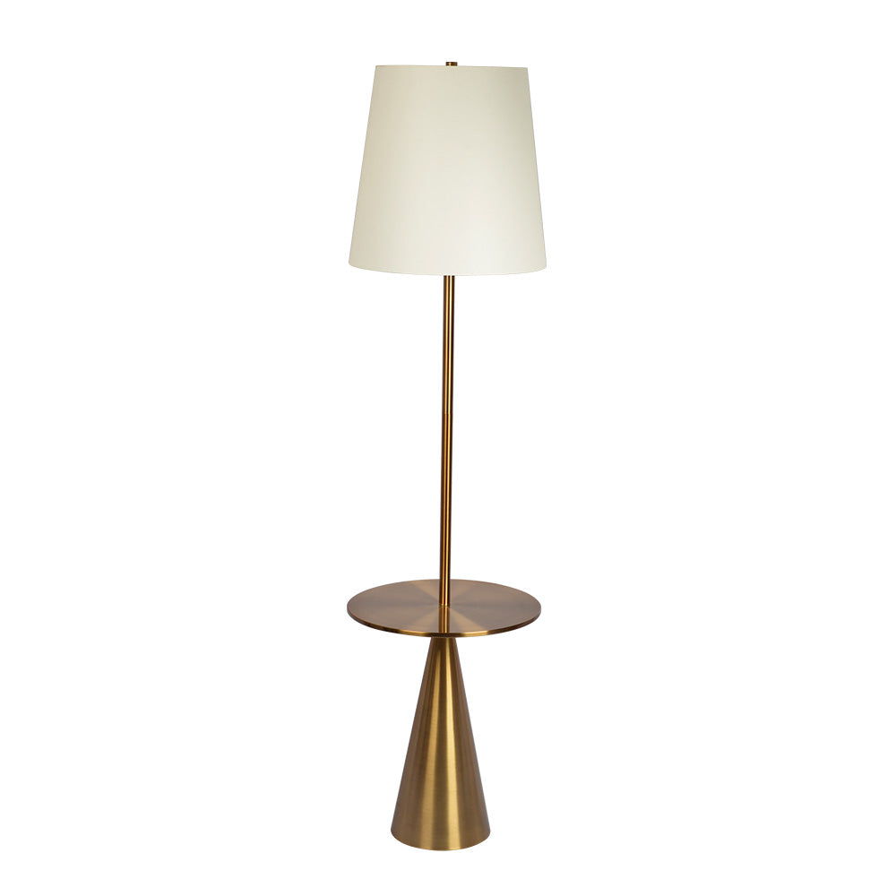 The Celestial Modern Floor Lamp features a large white shade, a sleek gold pole, and an integrated round accent table, all supported by a conical gold base.