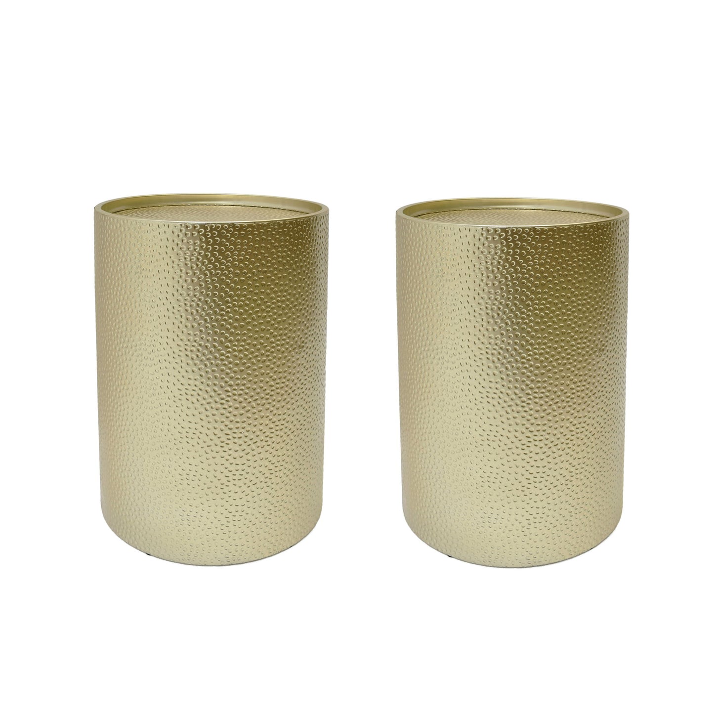 Two Modern Round Accent Tables with a hammered, gold-colored surface are placed side by side against a white background.