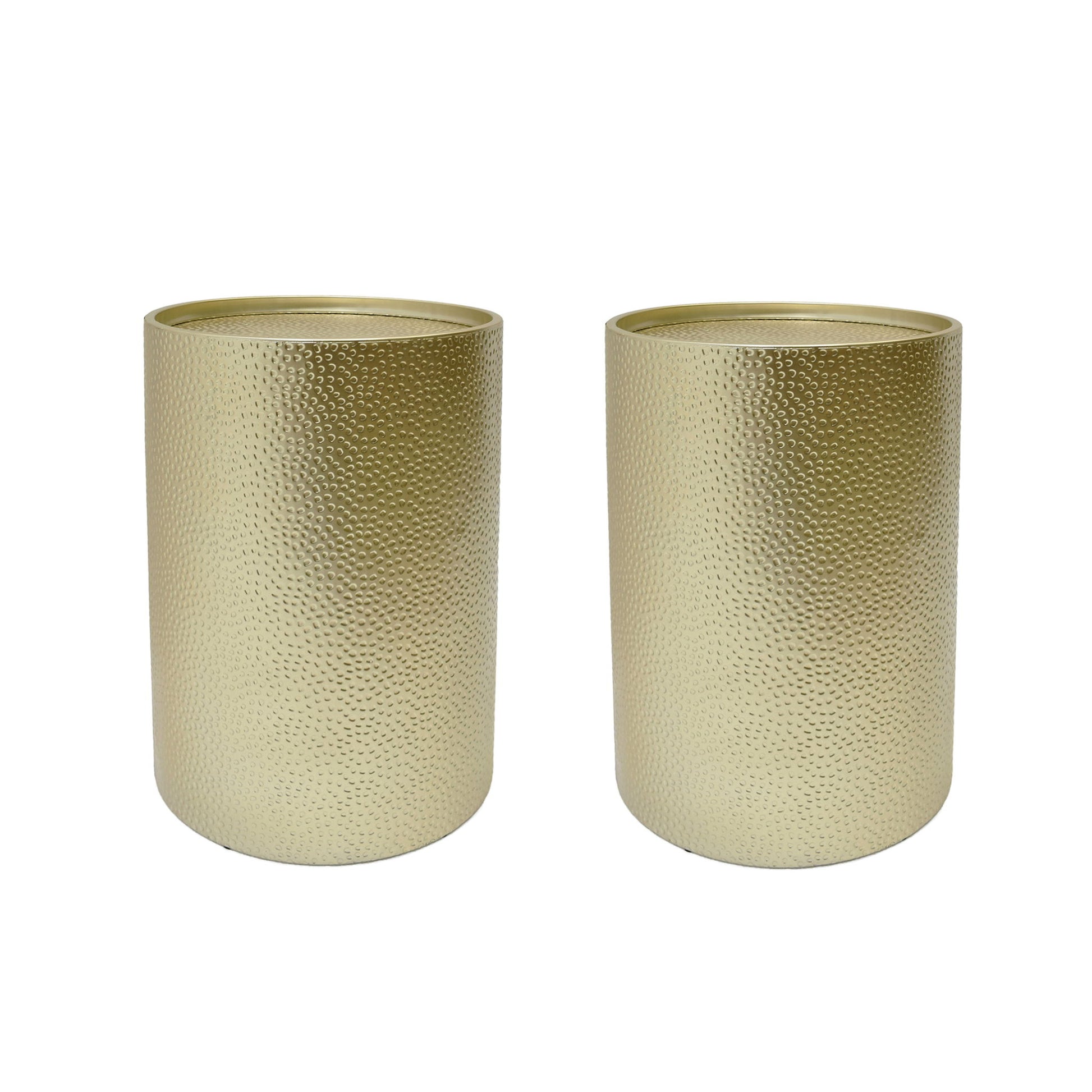 Two Modern Round Accent Tables with a hammered, gold-colored surface are placed side by side against a white background.