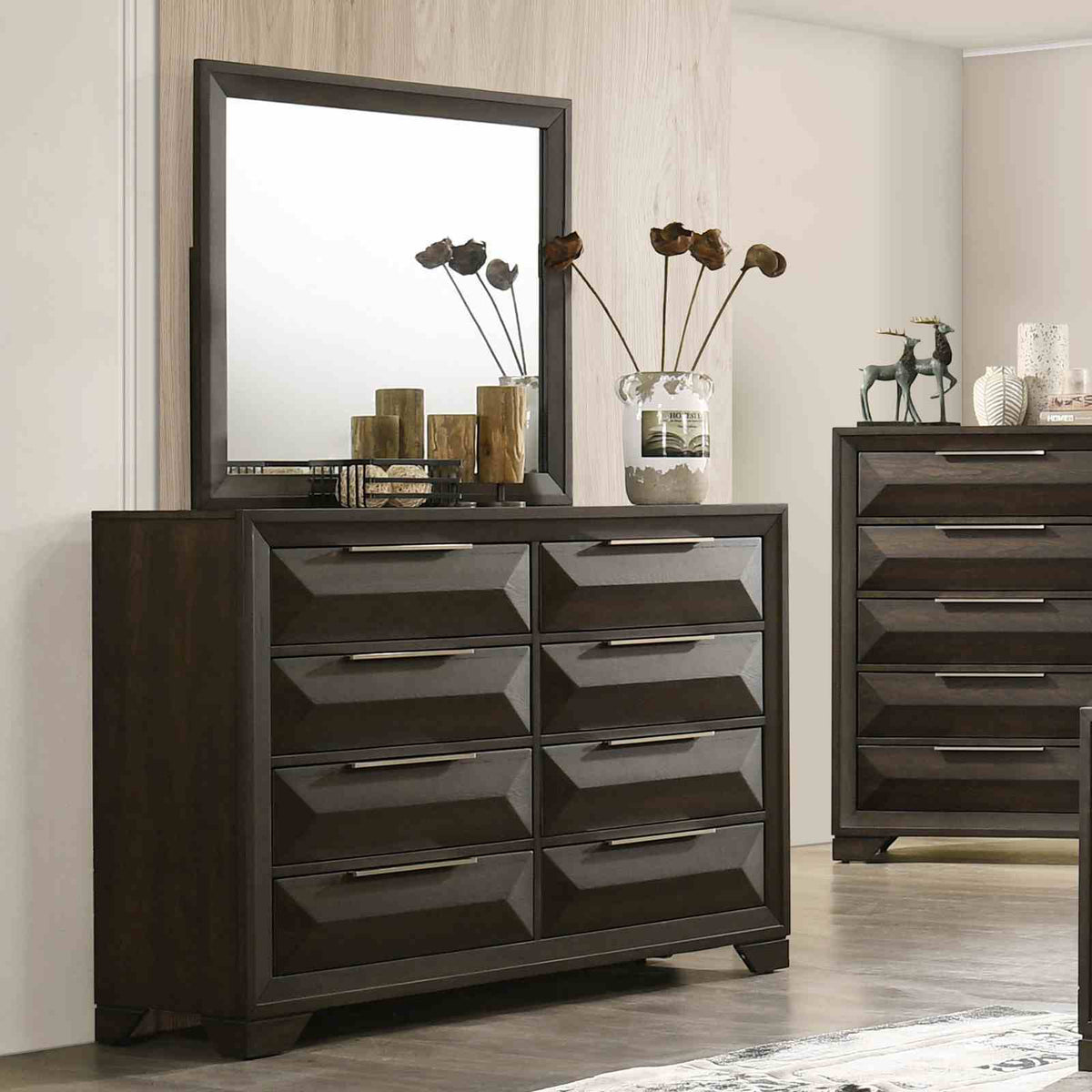 Dresser With Mirror Beveled Bracket Feet Handles 8 Drawers - Espresso