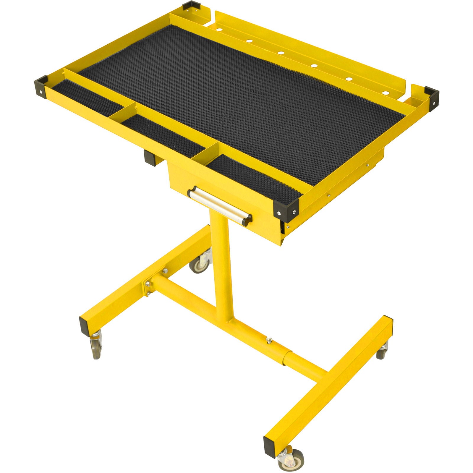 The Adjustable Tear Down Work Table features a drawer, heavy-duty steel build, rubber corners, tool slots, and a non-slip mat. It is portable with four 2.5" swivel casters, supports up to 220 lbs, and is ideal for garages, repair shops, or DIY projects.