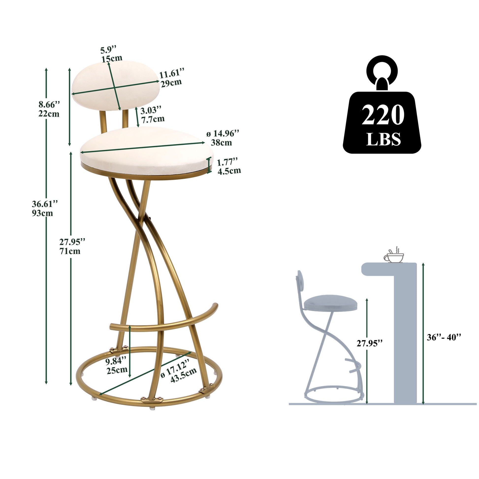 The Bar Stools Upholstered Counter Height Barstools (Set of 2) feature a gold metal frame, white PU leather cushioned seat and backrest, and footrest. Shown with dimensions, 220 lbs weight limit, and side view at a counter—ideal for kitchen islands.