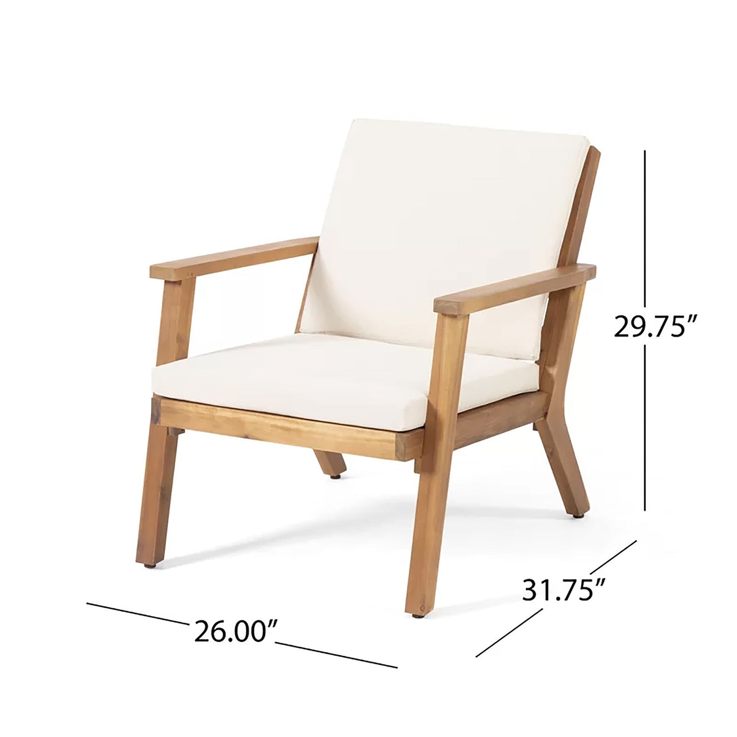 The Avacyn Outdoor Acacia Wood 4 Seater Chat Set includes a lounge chair with white cushions, armrests, and angled legs, measuring 26" W x 31.75" D x 29.75" H.