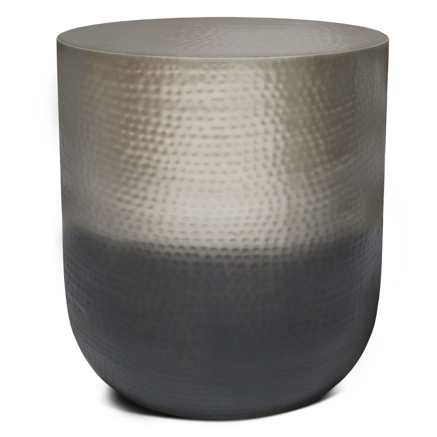 The Nova Handcrafted Metal Side Table features a round, hammered metal design with a color gradient from light silver at the top to dark gray at the bottom for a modern, stylish look.