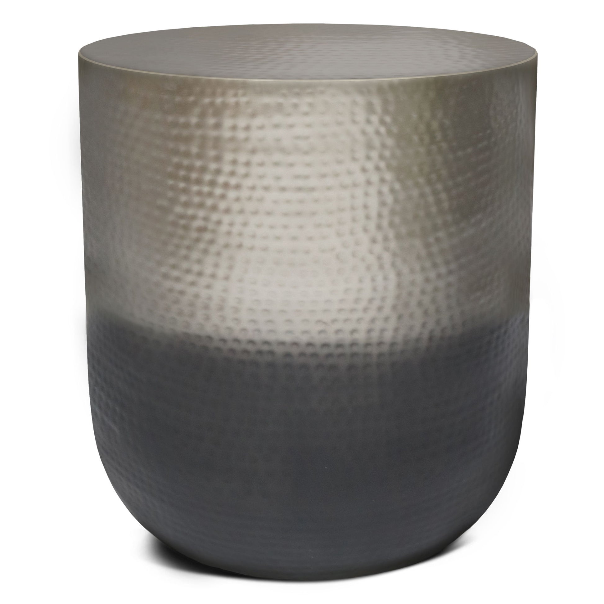 The Nova Handcrafted Metal Side Table features a round, hammered metal design with a color gradient from light silver at the top to dark gray at the bottom for a modern, stylish look.
