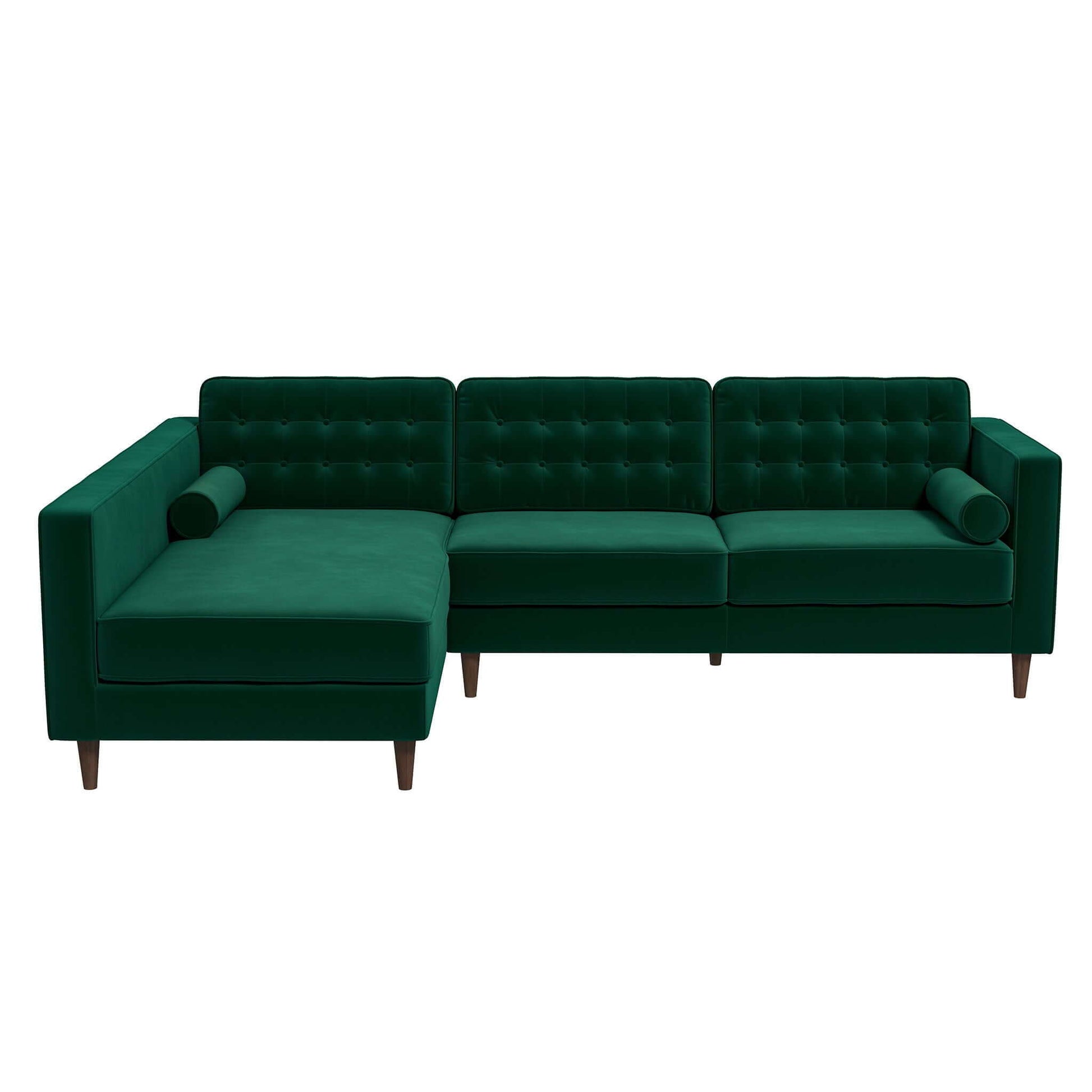 The Christian sectional sofa features a mid-century modern design with green velvet upholstery, tufted back cushions, left-side chaise lounge, two bolster pillows, and wooden legs.