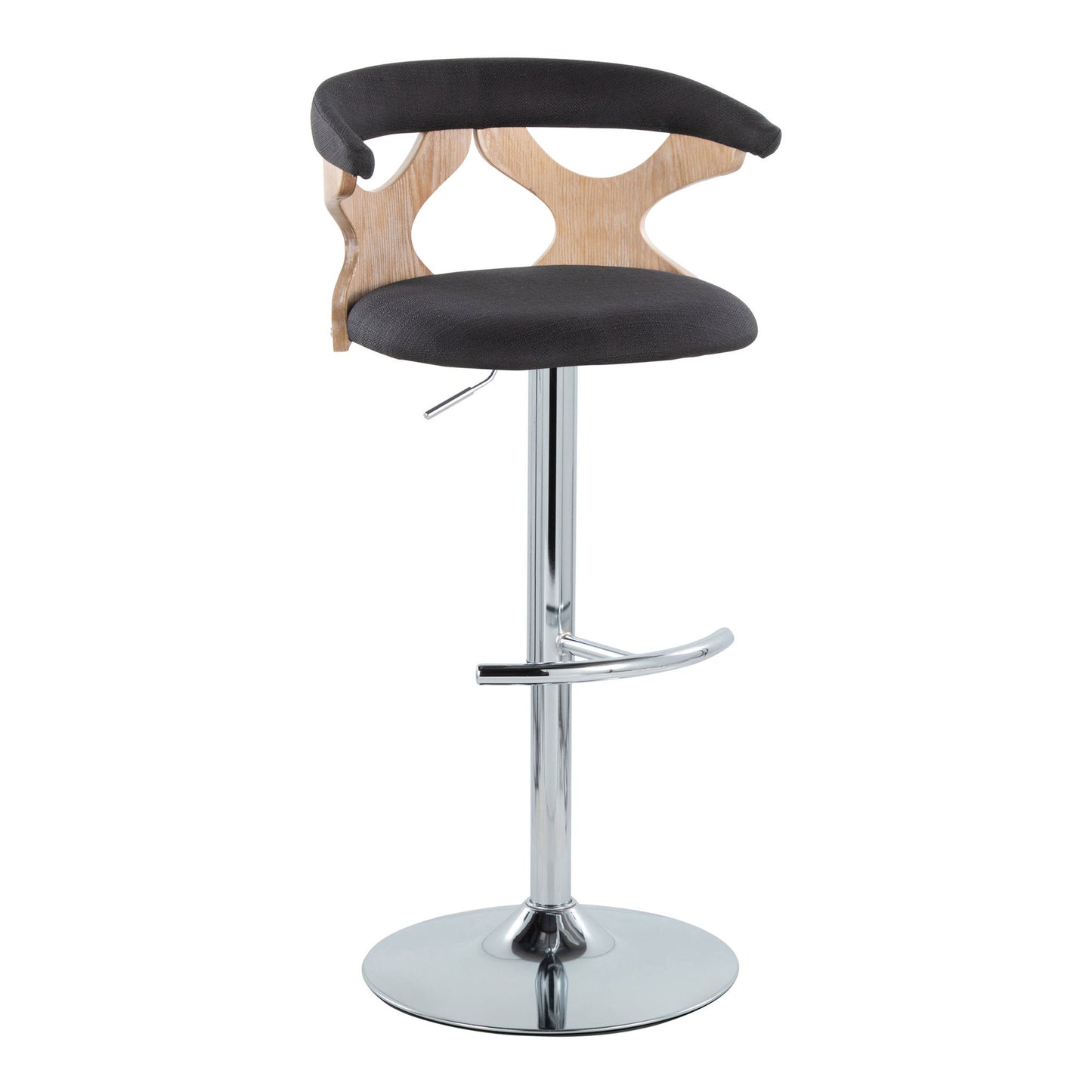 The Gardenia Contemporary Adjustable Barstool (Set of 2) features a chrome base, swivel seat, rounded T footrest, cushioned dark fabric upholstery, and a curved wood-accented backrest for modern style and comfort.