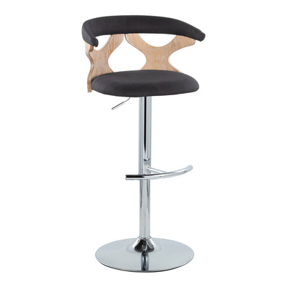 The Gardenia Contemporary Adjustable Barstool (Set of 2) features a chrome base, swivel seat, rounded T footrest, cushioned dark fabric upholstery, and a curved wood-accented backrest for modern style and comfort.