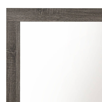 Close-up of the top left corner of the Avantika - Rustic Mirror in Gray/Oak, highlighting its rectangular design, rich wood grain texture, and reflective surface.