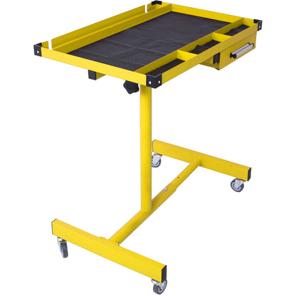 The Adjustable Tear Down Work Table features a heavy duty steel build, a flat grated surface with raised edges, rubber corners, a handle, and four 2.5" swivel casters for mobility; holds up to 220 lbs—ideal for garages and repair shops.